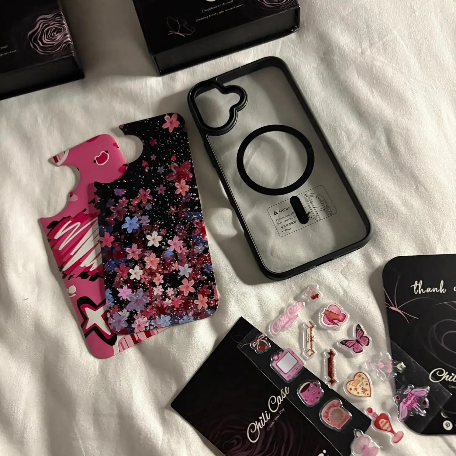 Pink cherry blossom sticker with clear iphone case in box-floral gift set