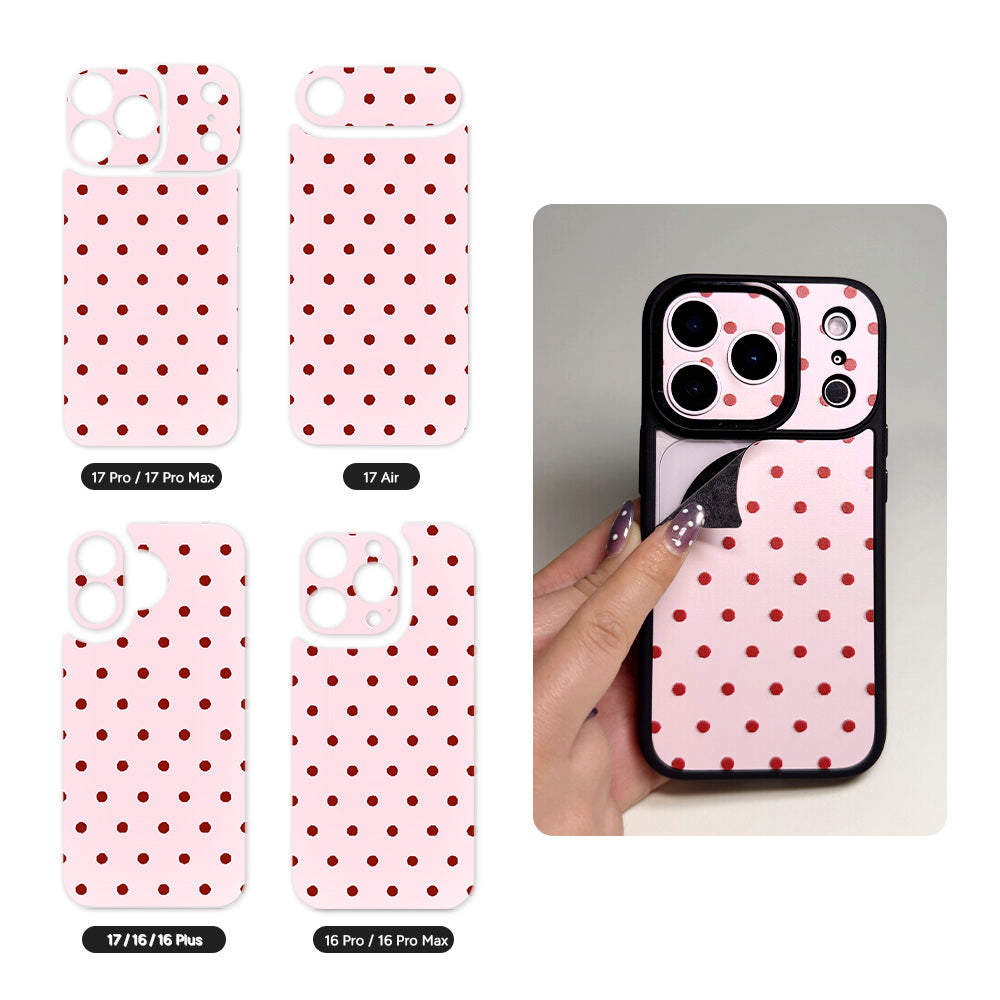 A collection of peachy pink polk dot leather skins for iPhone 16 & 17 series, showcasing easy peel-and-switch design with no sticky residue.