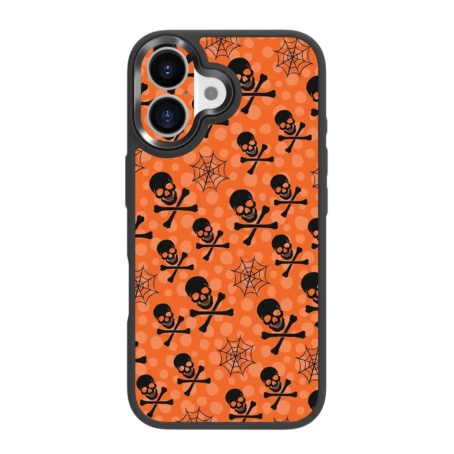 ​​Orange halloween magsafe black case with​​ ​​skull spider web and cute spooky pattern​​ ​​for iPhone 16 Plus