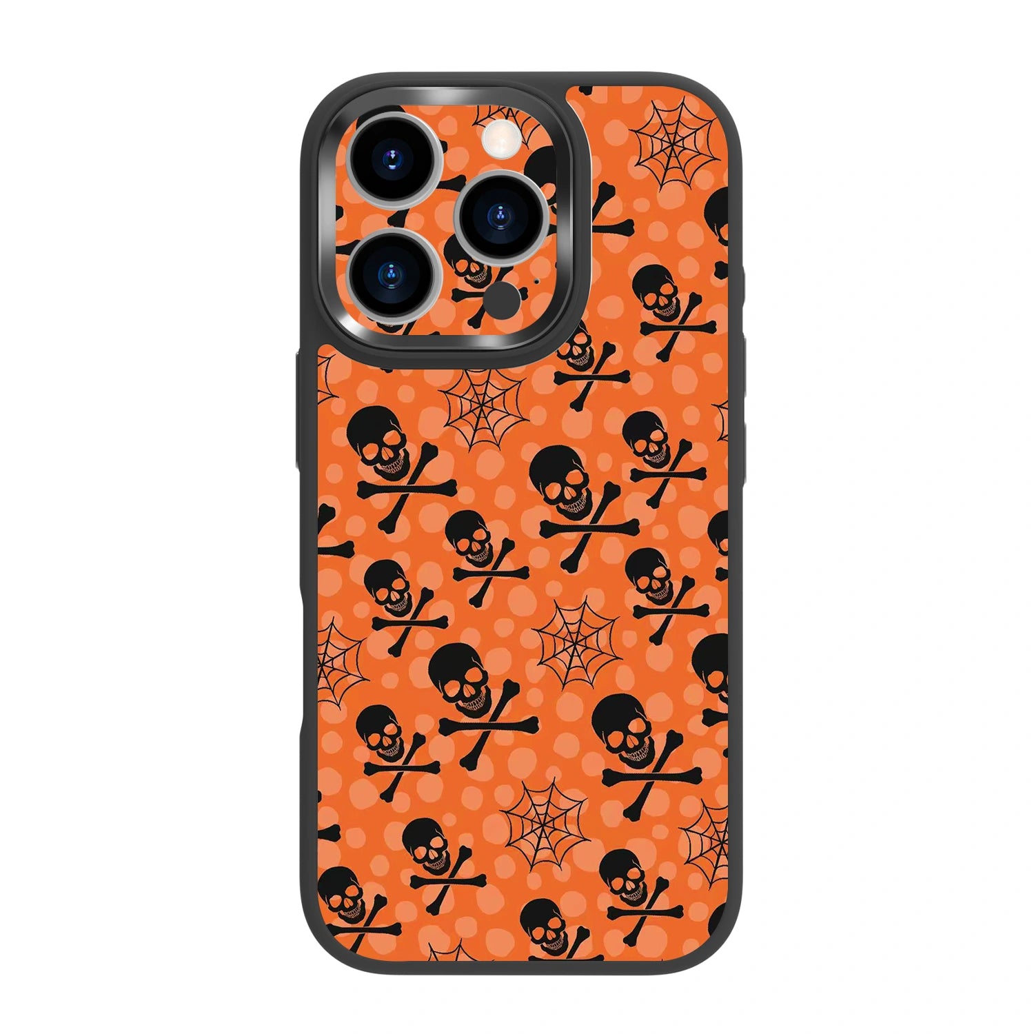 ​​Orange halloween magsafe black case with​​ ​​skull spider web and cute spooky pattern​​ ​​for iPhone 16 Pro