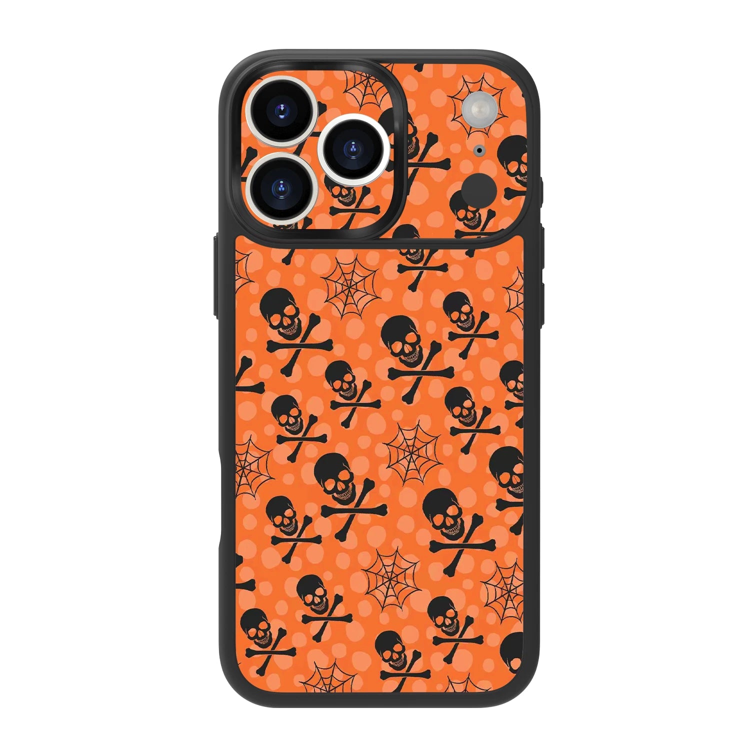 ​​Orange halloween magsafe black case with​​ ​​skull spider web and cute spooky pattern​​ ​​for iPhone 17 Pro